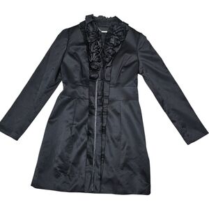 White House Black Market Black Satin Robe with Rosette Trim